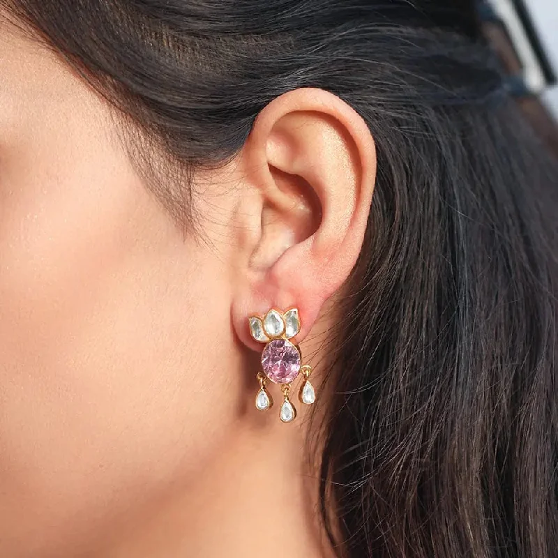 long drop earrings for women -Pink Zircon With Polki Lotus Silver Earring