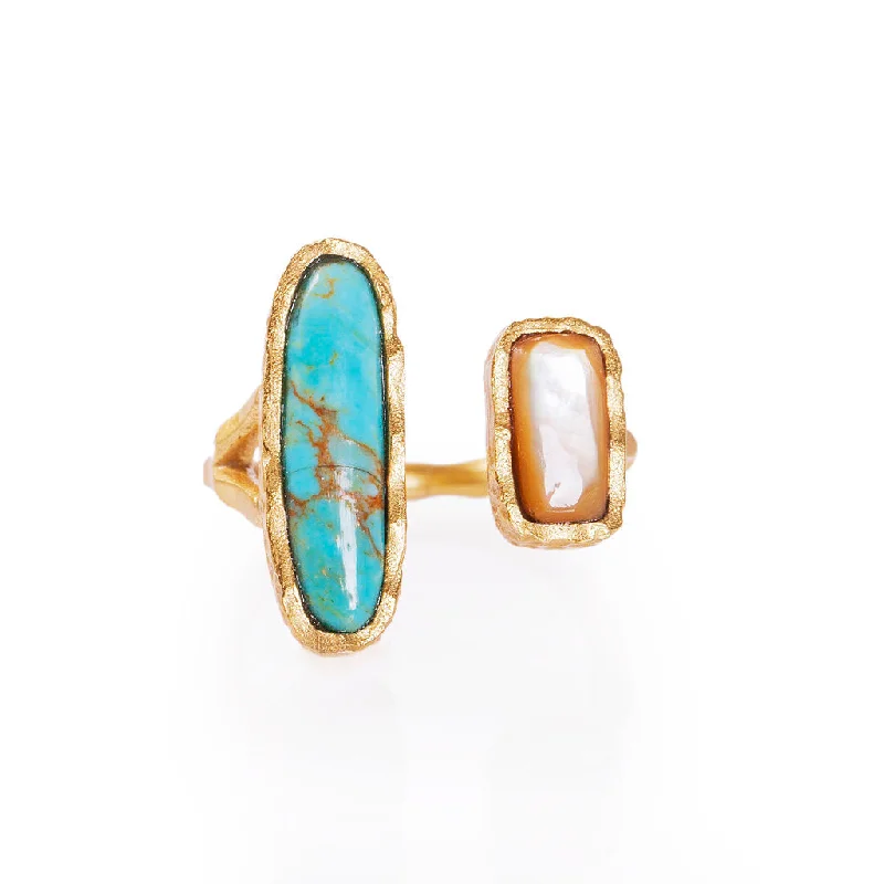 gold engagement rings for women -Deco Twin Stone Ring - Turquoise/Pearl