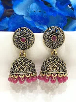 gold hoop earrings for women -Dazzling Rani Pink Color Flower Design Jhumka Earrings For Women