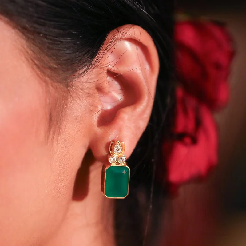 gold hoop stud earrings for women -Sitayan Silver Green Studs