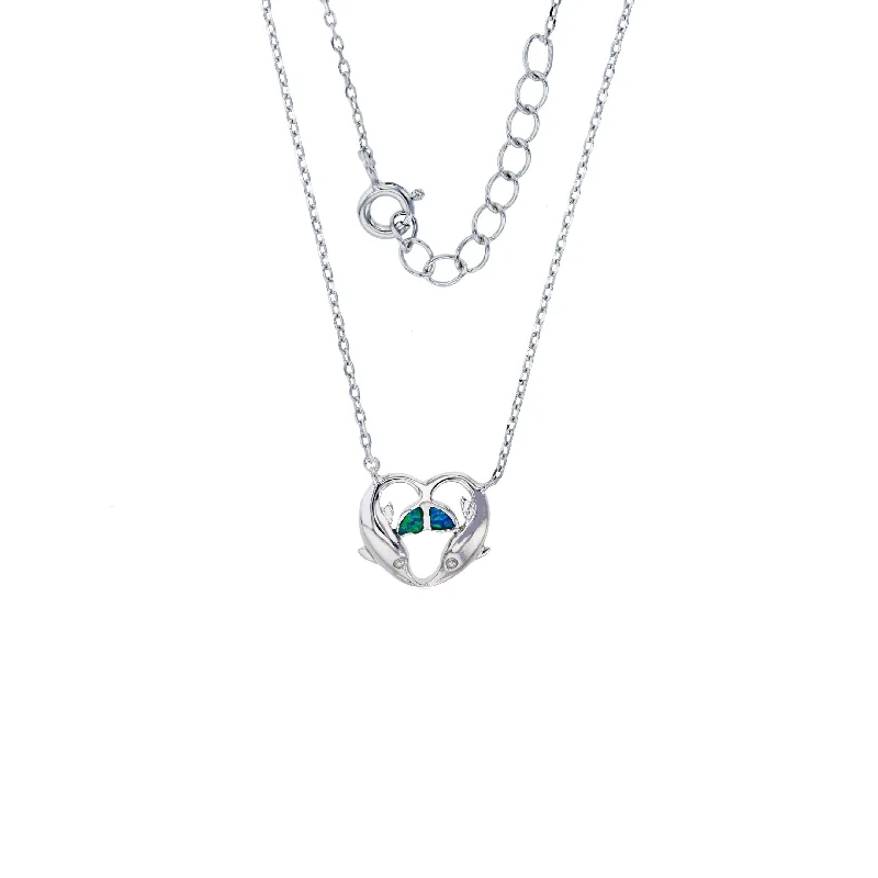 round pendant necklaces for women -Blue Opal Dolphin Heart Necklace (Silver)