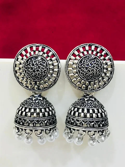 clip-on earrings for women -Pretty Oxidizes White Color Drop Design Jhumka Earrings For Women