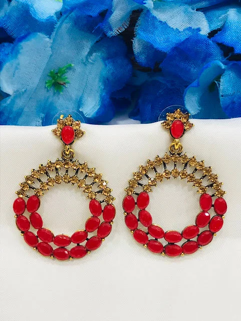 gemstone earrings for women -Gorgeous Gold Plated Red Color Rounded Design Earrings For Women