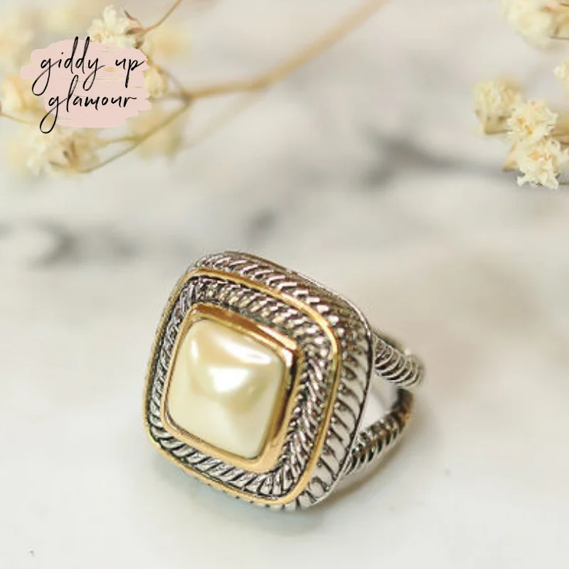 band rings for women -Large Two Toned Ring with Cream Pearl Stone