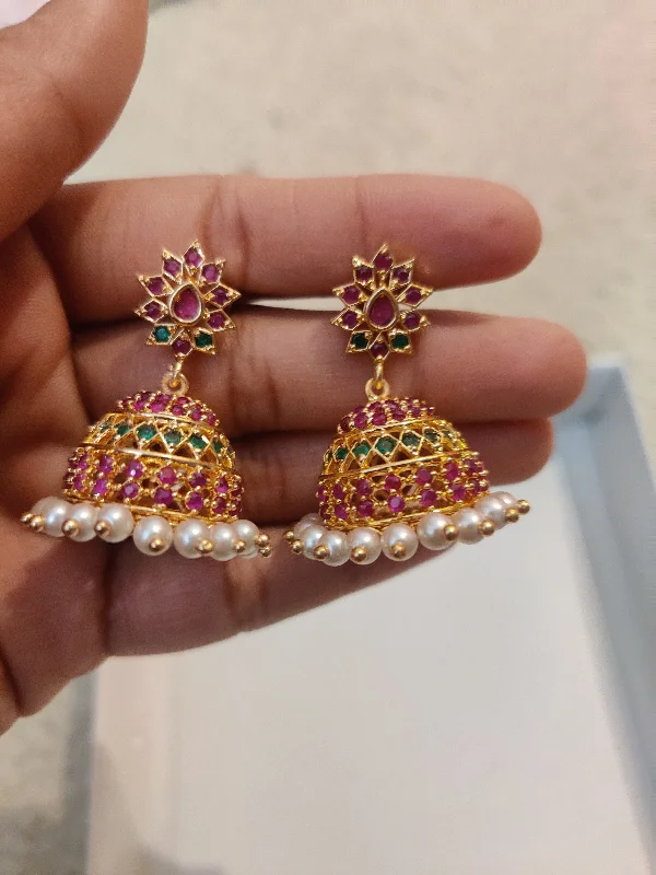 solid gold earrings for women -Charming jumka drop Green With Pink Stone Earrings Gold Plated