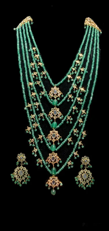 choker necklaces for women -SAT34 Five layer hyderabadi necklace with earrings in green ( READY TO SHIP)