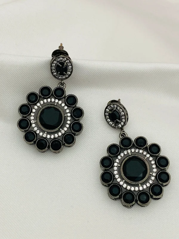 long drop earrings for women -Lovely Black Round Stone Beaded Floral Designed Silver Plated Oxidized Dangler Earrings