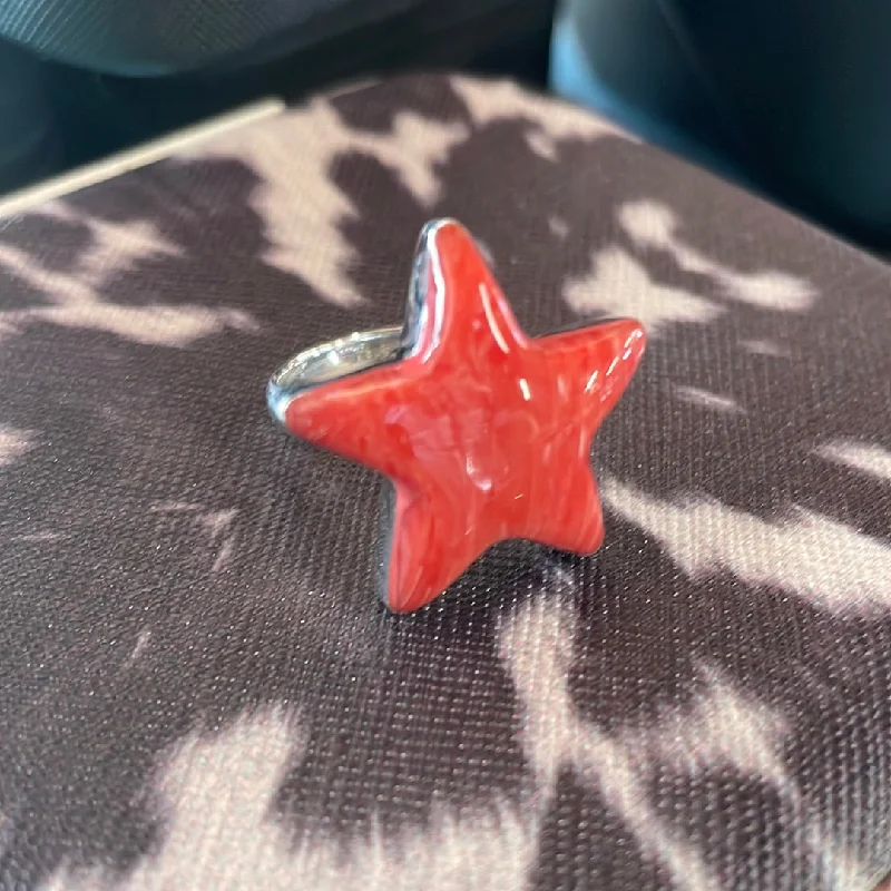 stackable rings for women -Red  Coral Star Ring