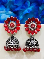 gold hoop stud earrings for women -Alluring Oxidized Red Colored Beads Worked Unique Designed Earrings