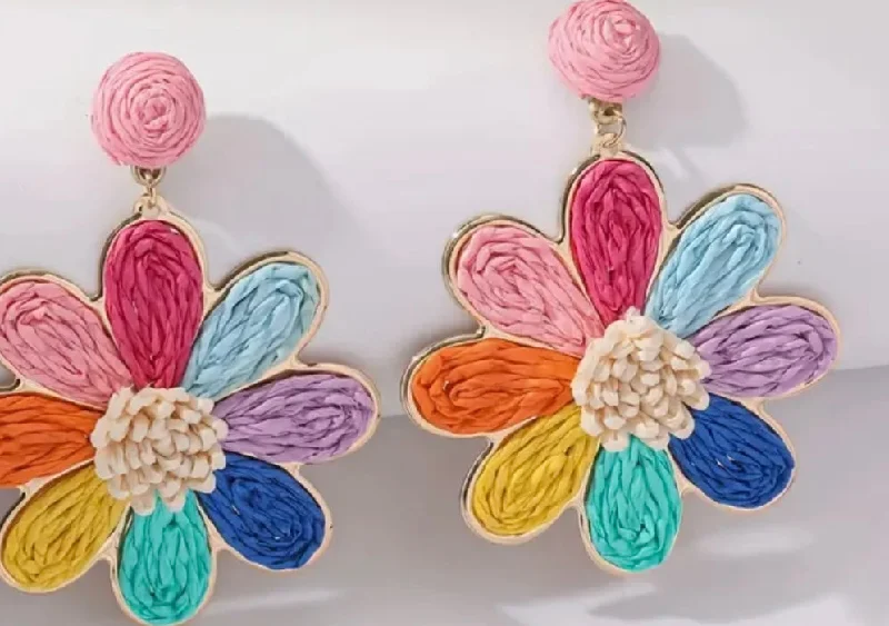 oversized earrings for women -Multli Color Flower Rattan Earrings