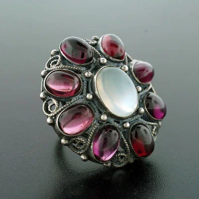 wedding rings for women -Early Retro Huge Sterling Moonstone & Garnet Cluster Ring