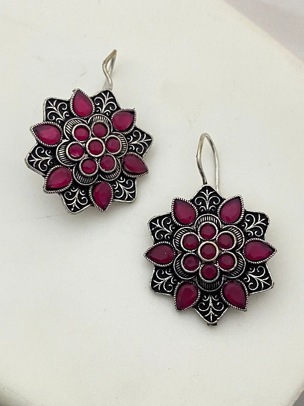 fashion earrings for women -Appealing Pink Color Rounded Floral Designer Oxidized Earrings For Women