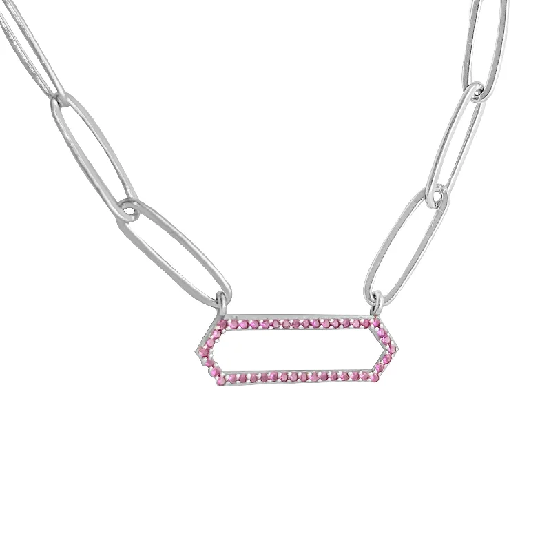 rose gold pendant necklaces for women -Paperclip Pink Pave Hexagon Pendant Necklace (Silver)