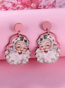 two-tone earrings for women -Pink Wooden Santa Earrings