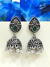 silver hoop earrings for women -Elegant Green Colored Oxidized Earrings For Women