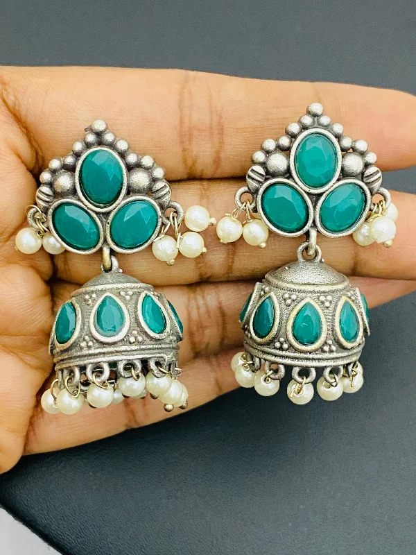 solid gold earrings for women -Beautiful Blue Color Silver Oxidized Jhumkha Earrings Set