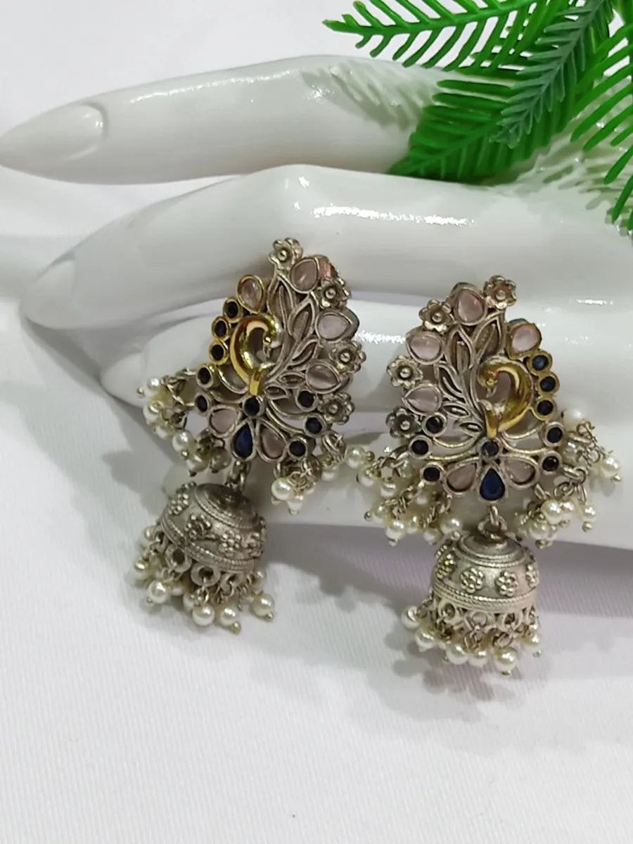 handmade earrings for women -Pearl Beaded Blue Stone Peacock Oxidized Jhumka Earrings