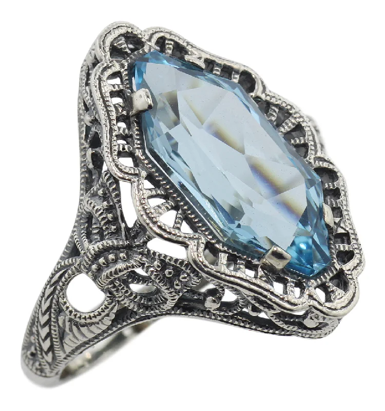 bold rings for women -Vintage Inspired Modified Marquis Blue Topaz Ring