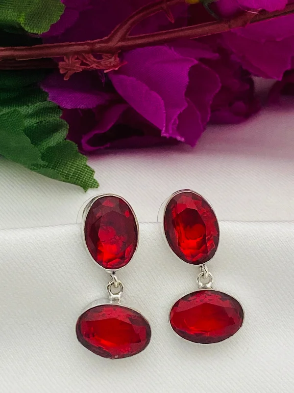 zirconia drop earrings for women -Gorgeous Red Stone Beaded German Silver Plated Oxidized Stud Earrings