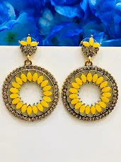 dainty earrings for women -Dazzling Antique Gold Yellow Colored Round Designed Earrings