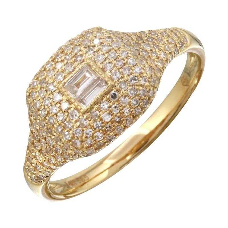 gold wedding bands for women -Baguette Center Pave Signet Ring