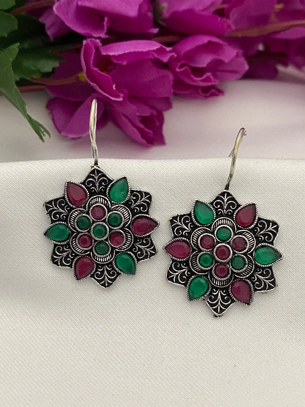 long earrings for women -Dazzling Red And Green Color Rounded Floral Designer Oxidized Earrings