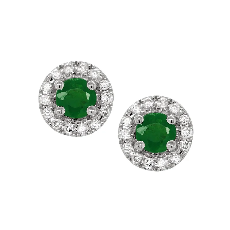 geometric earrings for women -WHITE GOLD EMERALD STUD EARRINGS WITH DIAMOND HALOS, .10 CT TW