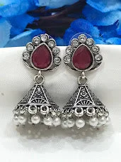 flower earrings for women -Beautiful Maroon Color Stoned Silver Oxidized Jhumka Earrings With Drops