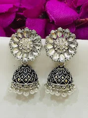 large hoop earrings for women -Elegant White Colored Oxidized Jhumka With Beads Earrings