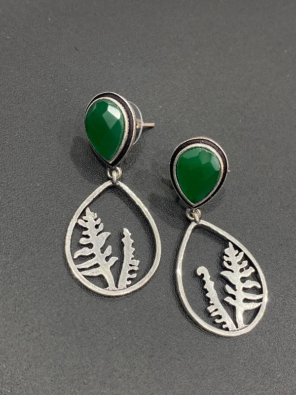 butterfly earrings for women -Lovely Emerald AD Stone Beaded Round Shaped Light Weight Silver Plated Oxidized Earrings