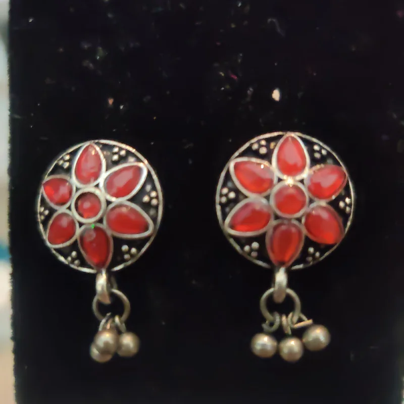 dangling earrings for women -Oxidized Earrings With Red colored beads