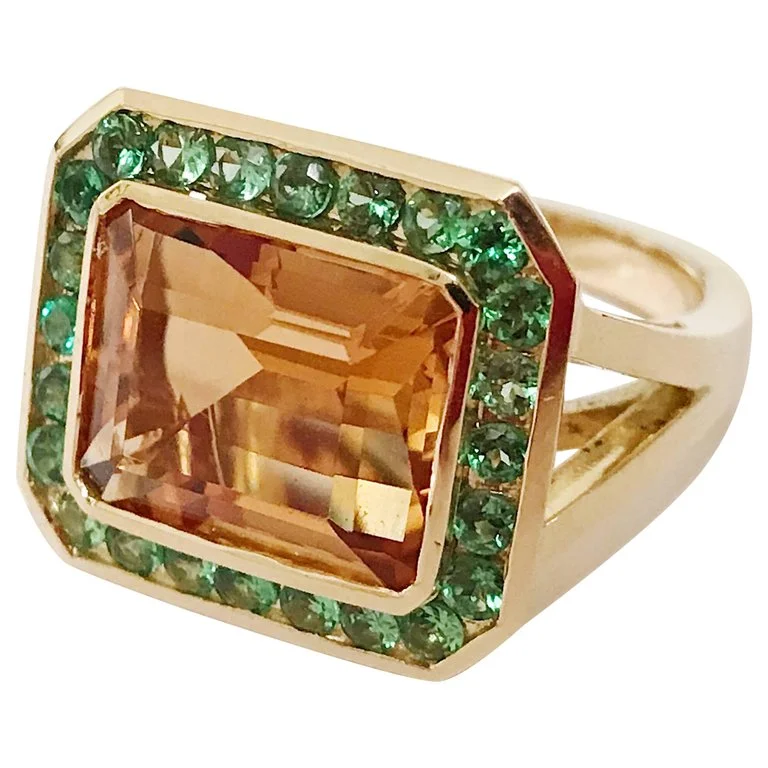 modern rings for women -Yellow Gold Bezel Set Citrine with Surrounding Tsavorite Ring