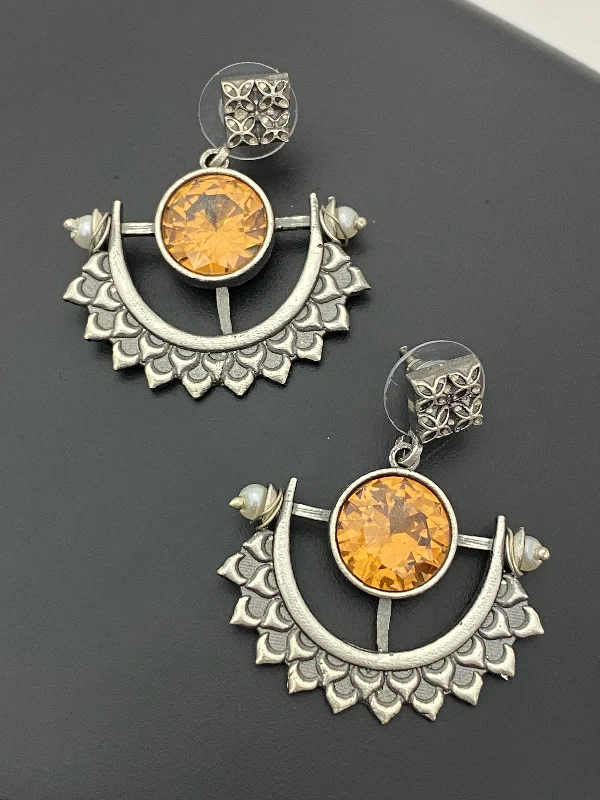 crystal stud earrings for women -Alluring Orange Stone Beaded Half Moon Design German Silver Plated Oxidized Earrings