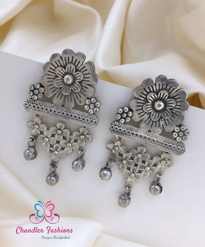 statement earrings for women -Alluring Trendy Dangler Flower Design Silver Oxidized Earrings Made With Brass And Copper