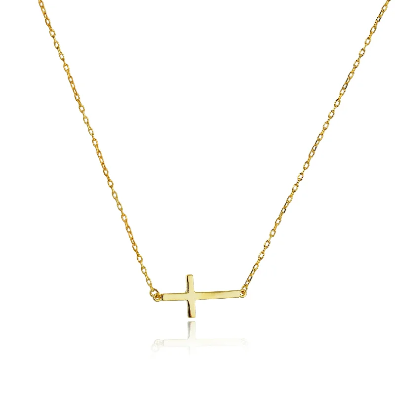 fashion statement necklaces for women -Glossy Sideways Cross Necklace (14K)