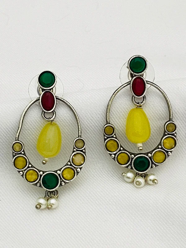 gemstone stud earrings for women -Gorgeous Oval Shaped German Silver Plated Oxidized Yellow Drops Earrings With Pearl Beads