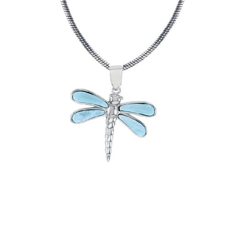 cute charm necklaces for women -Larimar Dragonfly Round Snake Necklace (Silver)