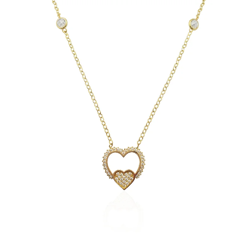 rose gold necklaces for women -Double Heart CZ Pendant Necklace (14K).