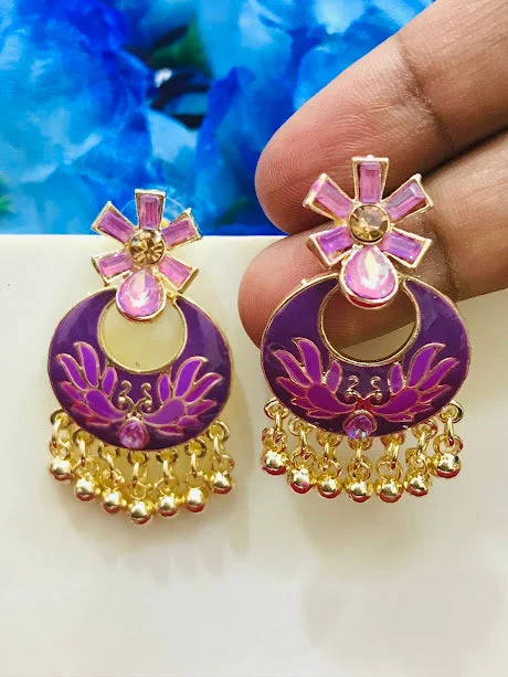 bohemian earrings for women -Beautiful Purple Color Gold Plated Earrings