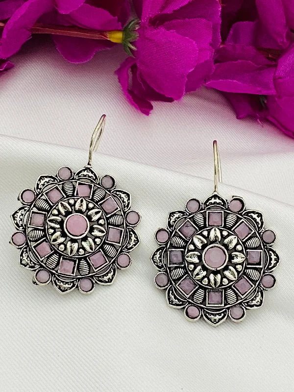 colorful earrings for women -Attractive Pink Stone Beaded Silver Plated Floral Charm Dangle Hook Earrings