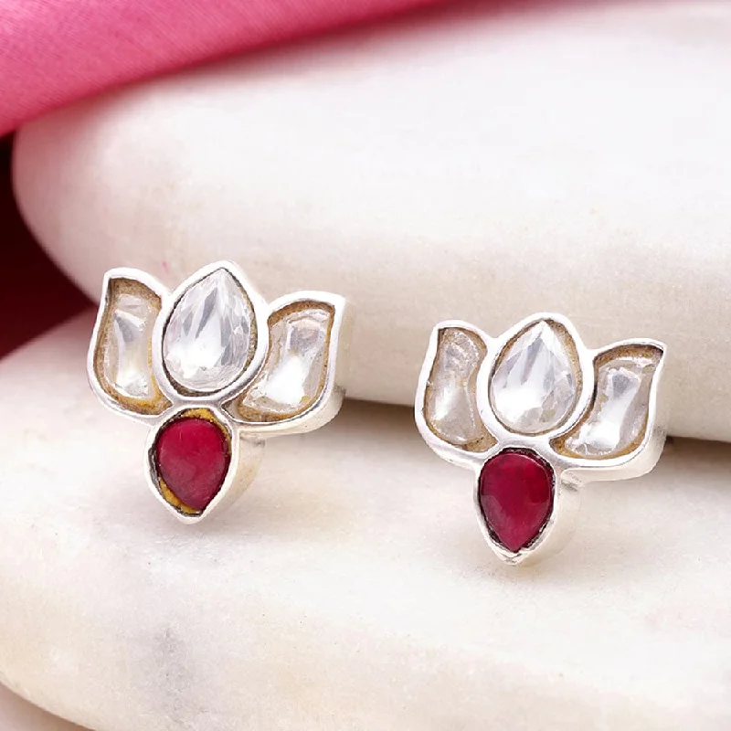 silver hoop earrings for women -92.5 Silver White Kundan Sacred Stud Earrings