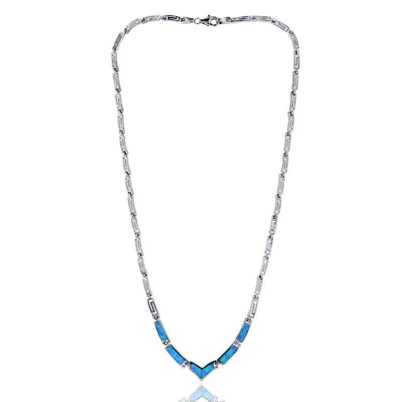 crystal chain necklaces for women -Blue Opal V Shaped Necklace (Silver)