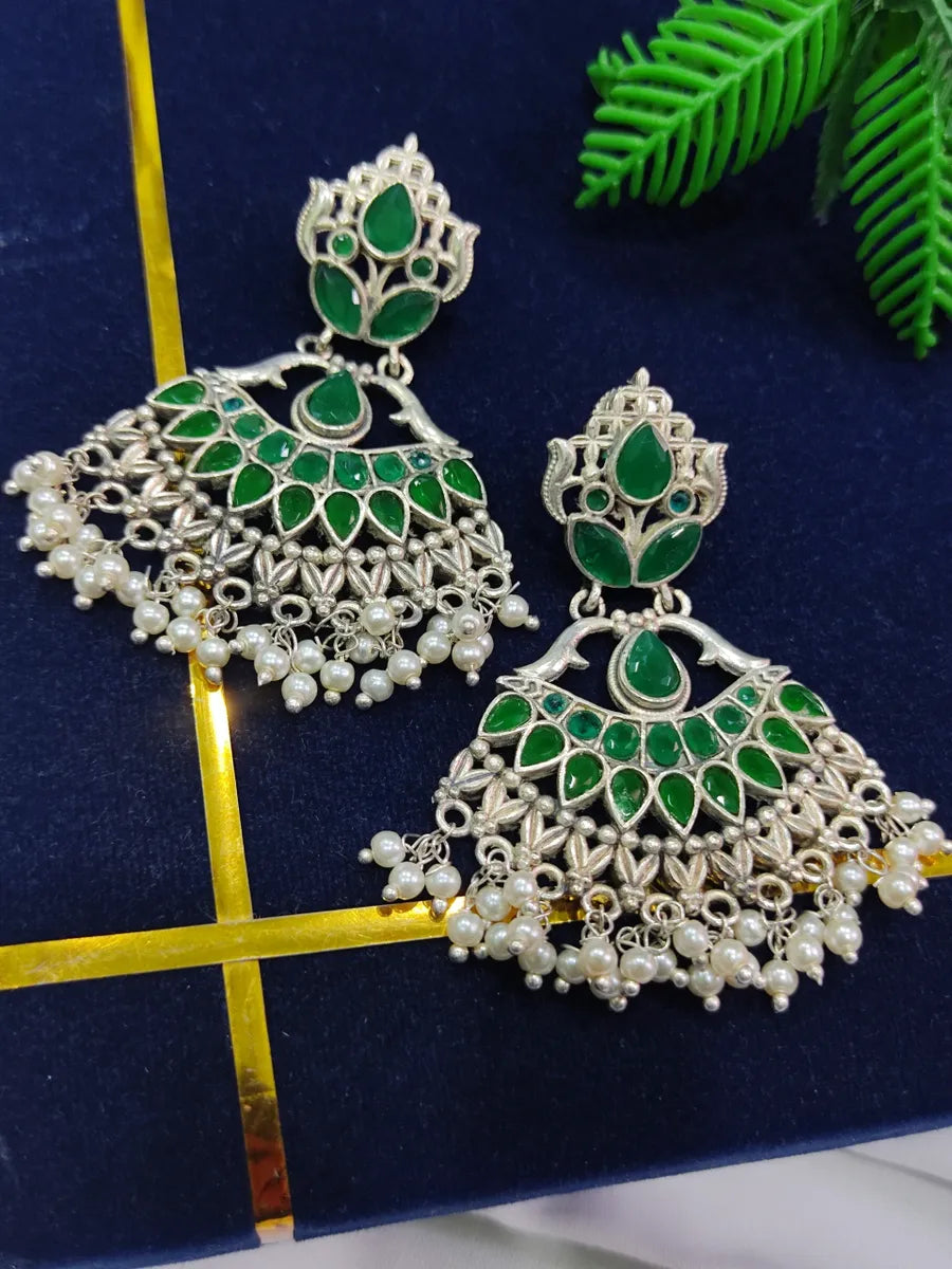 cubic zirconia earrings for women -High End Emerald Stoned Dangler Oxidized Earrings