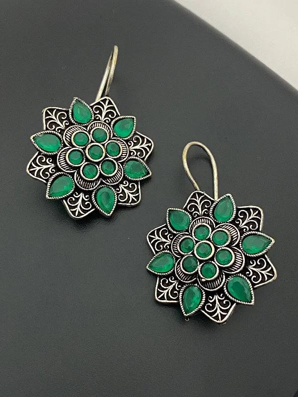 handmade earrings for women -Gorgeous Green Color Rounded Floral Designer Oxidized Earrings