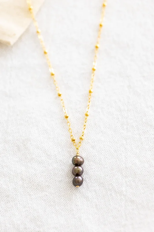 layered silver necklaces for women -Triple Stacked Chocolate Pearl Beam Necklace