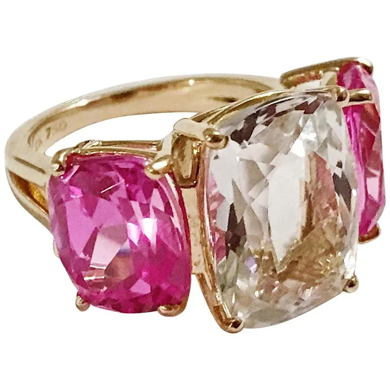 white gold rings for women -Rock Crystal and Hot Pink Topaz Yellow Gold Three-Stone Cushion Ring