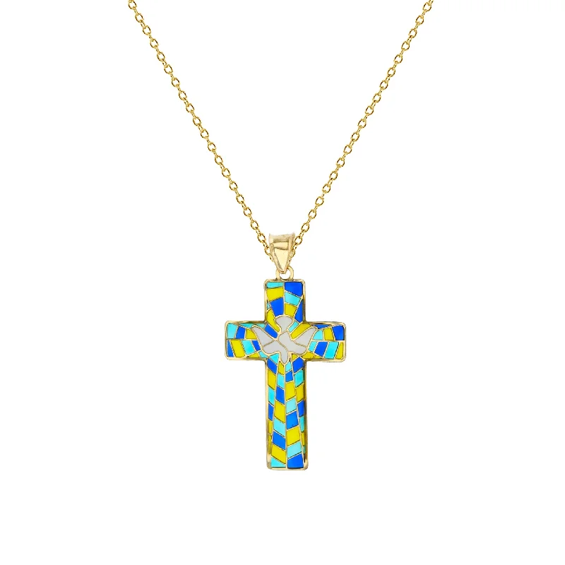 crystal necklaces for women -Enameled-Mosaic Dove Cross Fancy Necklace (14K)