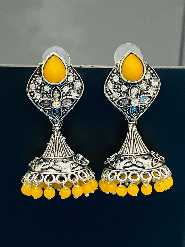 custom earrings for women -Elegant Yellow Color Stone Beaded Flower Designer Silver Toned Oxidized Jhumka Earrings With Beads