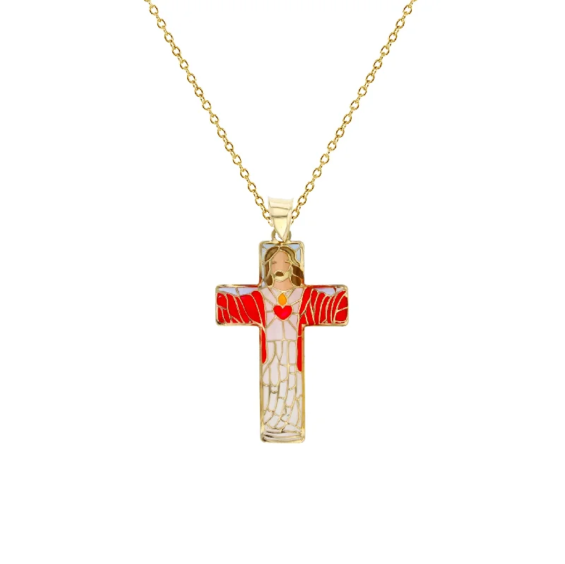 diamond necklaces for women -Colorful-Enameled Mosaic Jesus Cross Fancy Necklace (14K)