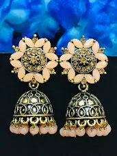 chandelier drop earrings for women -Gorgeous Gold Plated Earrings With Pink Stone Beads